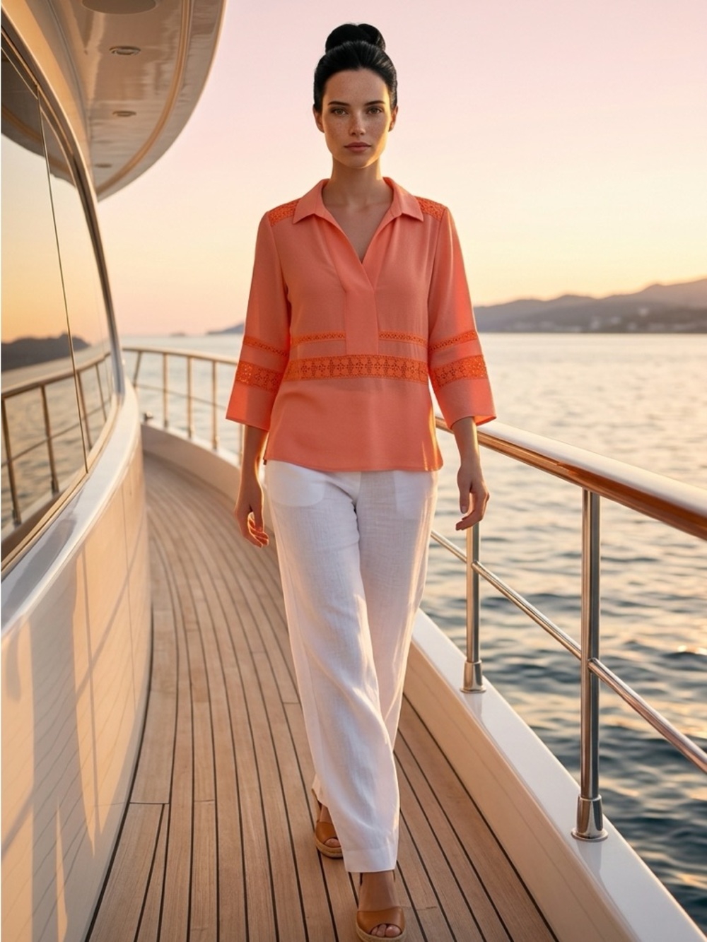 KARL LAGERFELD ORANGE EMBROIDERED EYELET BUSINESS CASUAL RESORTWEAR TOP SZ S